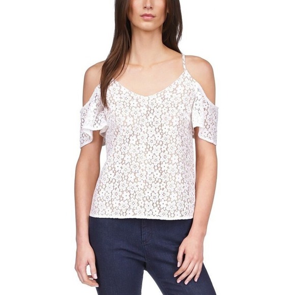 MICHAEL KORS MK White Nude Floral Lace V-Neck Cold Shoulder, Size M - Picture 1 of 6
